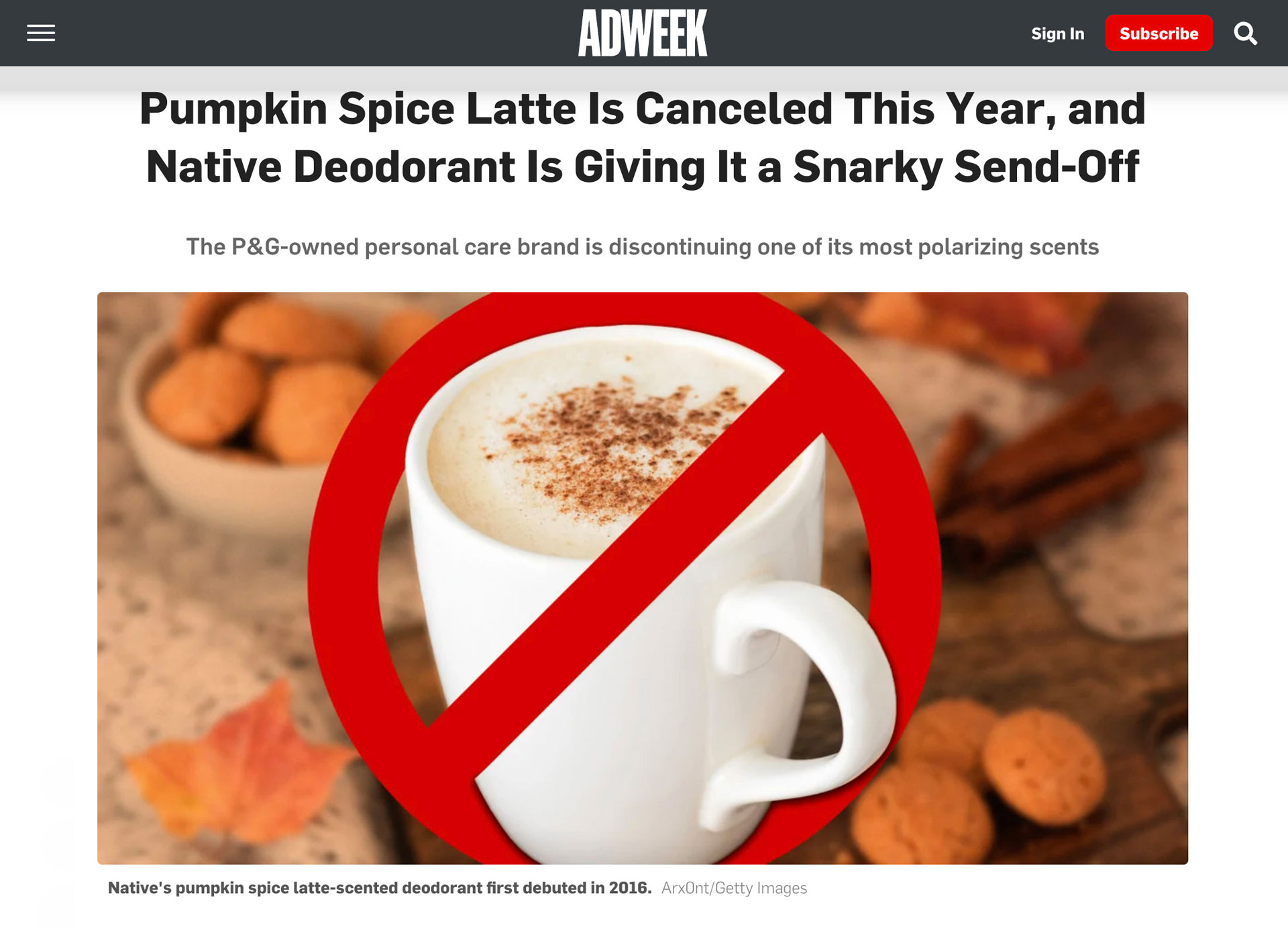 Screenshot of Adweek website featuring Native's "Pumpkin Spice" campaign.