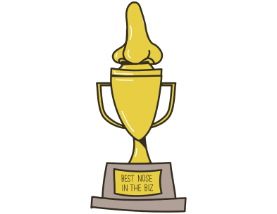 Graphic of an award with a golden nose on top.