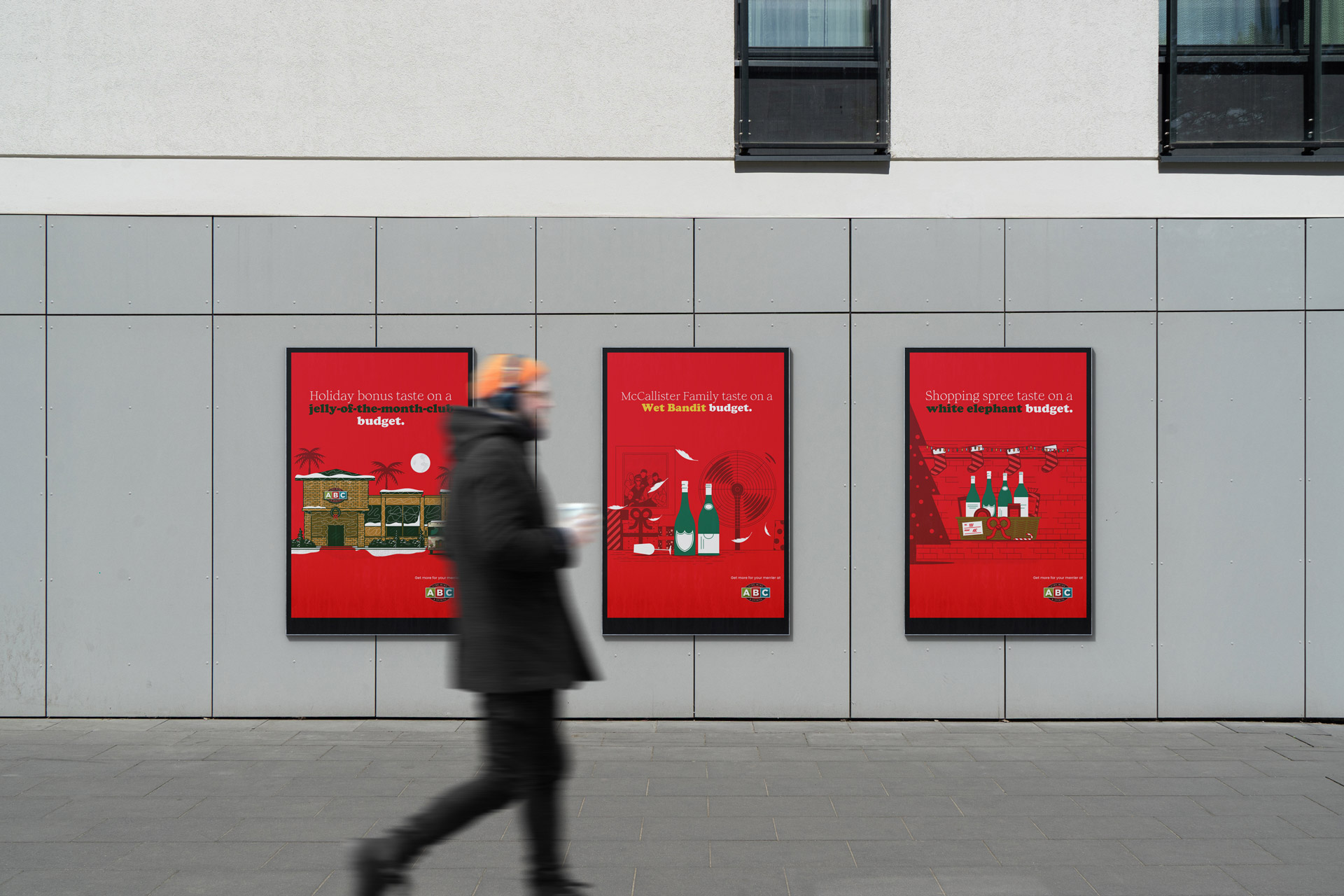 Mockup of man walking past ABC Fine Wines & Spirits ads.