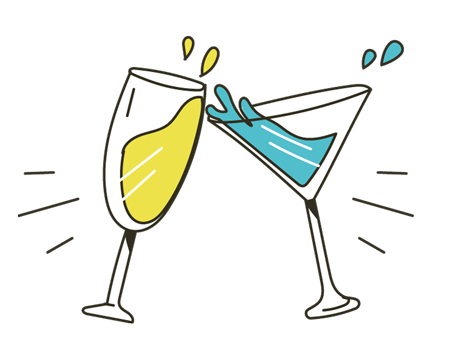 Illustration of two glasses filled with alcohol 'cheersing'.