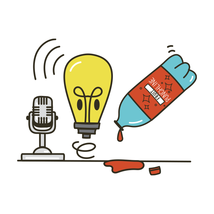 Illustration of an Alien Lightbulb trying to drink fruit punchline while podcasting