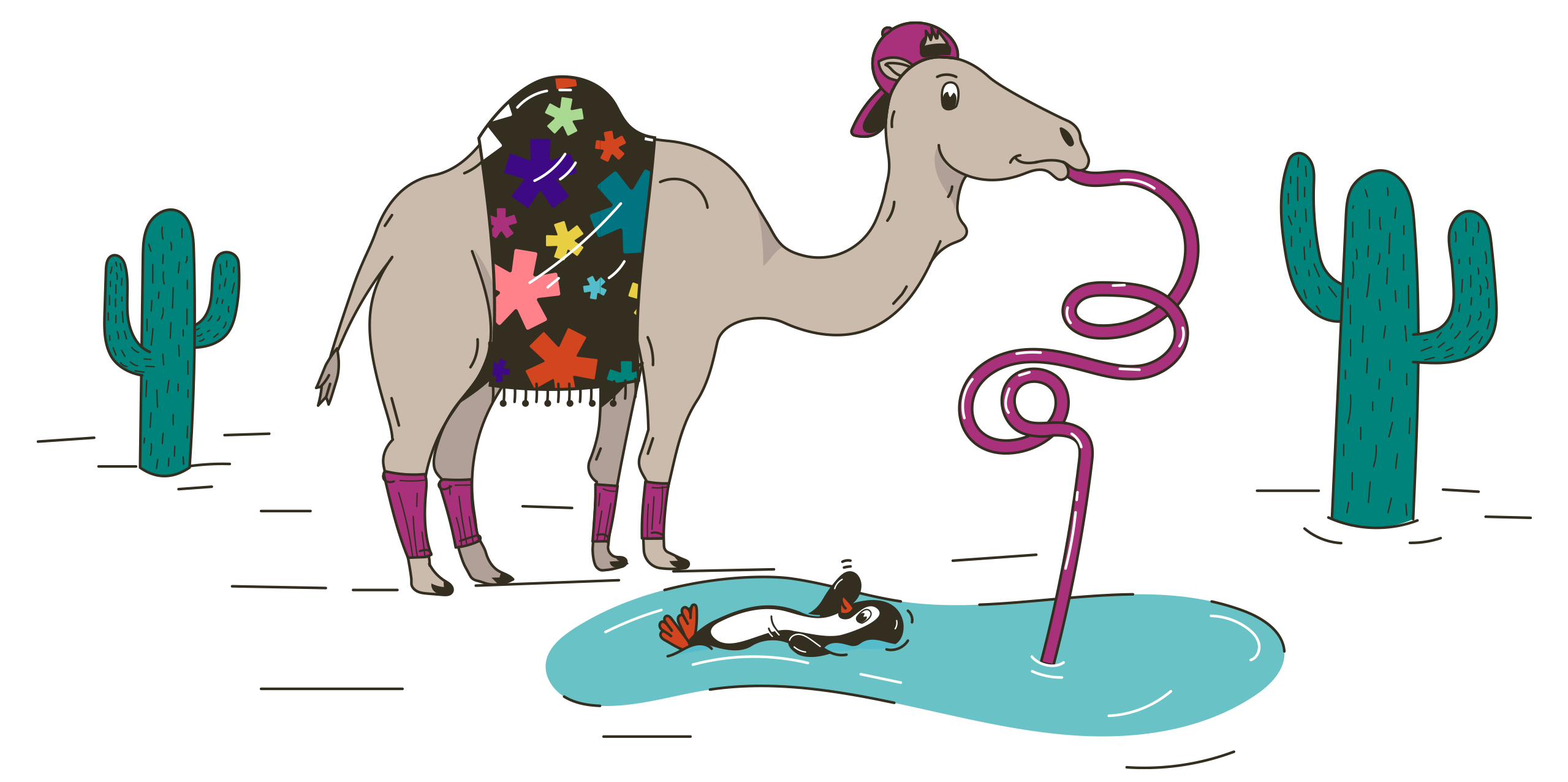 Humor Branding Agency Illustration of a camel sipping in an oasis watering hole.