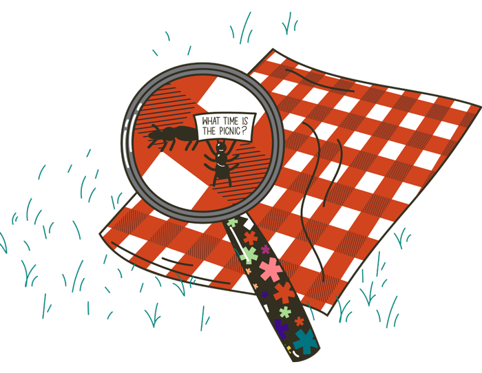 Illustration of a picnic blanket with ants under a magnifying glass.