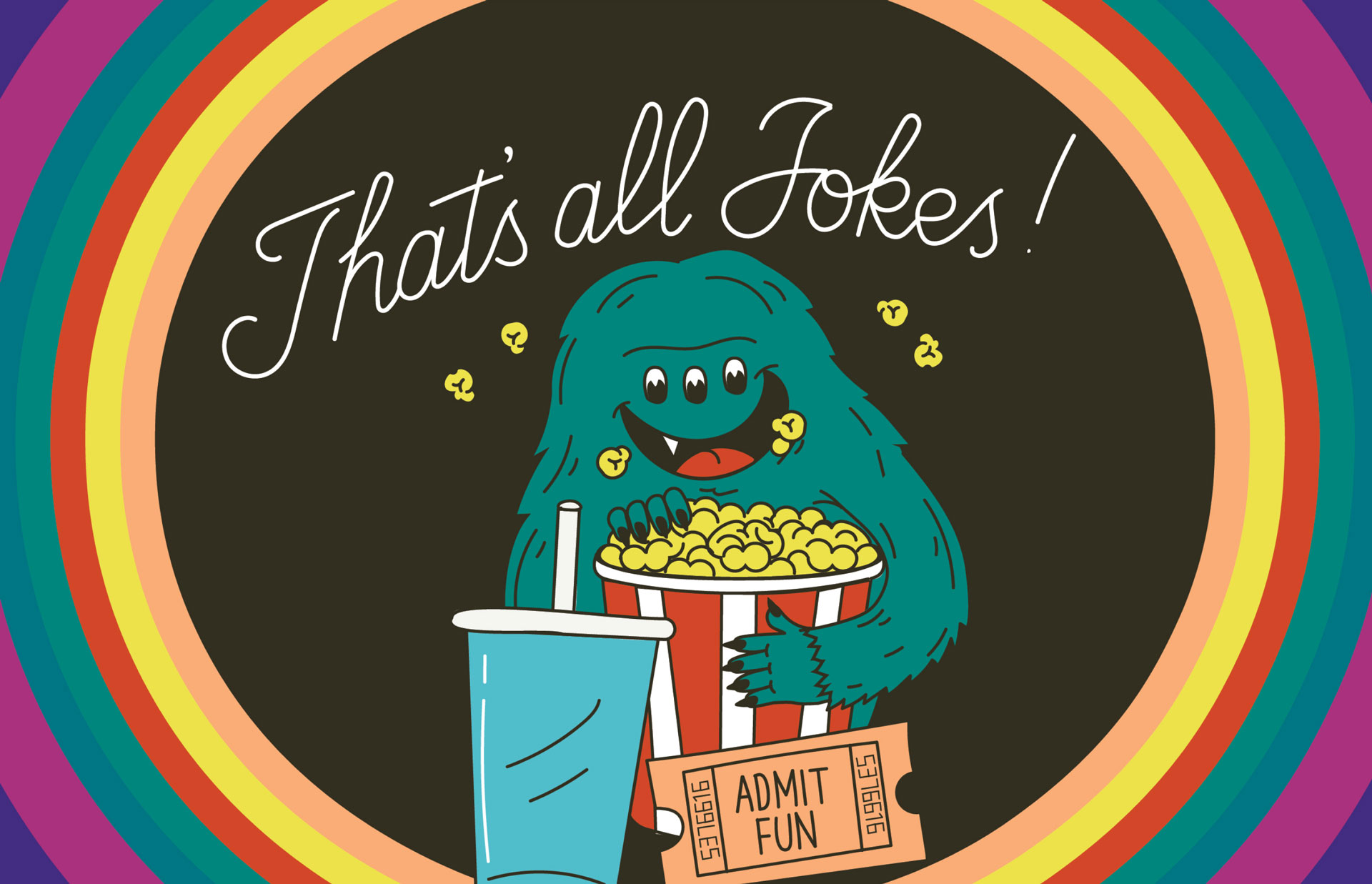 Illustration of monster with popcorn and "That's all folks" above them.