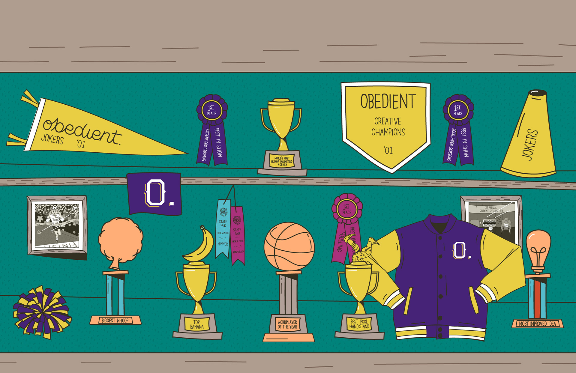 illustration of a trophy case filled with offbeat trophies